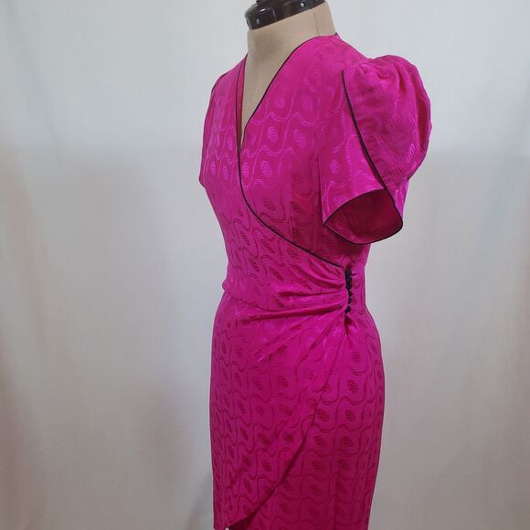 Vintage Silk Studio Women’s Wrap Dress Size 4 Silk Hot Pink Black Short Sleeve - Picture 5 of 12